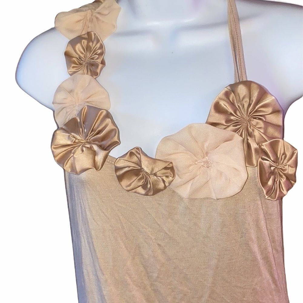 Champagne Rosette Halter Top Beige Satin Floral Embellished Tank S 11767 - Picture 2 of 8